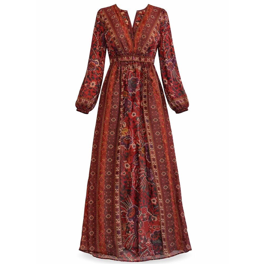 Ranna Gill Red Boho/Retro Vibe Printed Maxi Dress Long Sleeve - Size 0